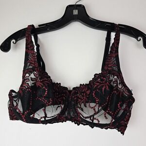 Lunaire 34D Black Red Embroidered Lace Underwire Bra Sheer‎ Sexy Chic Lingerie